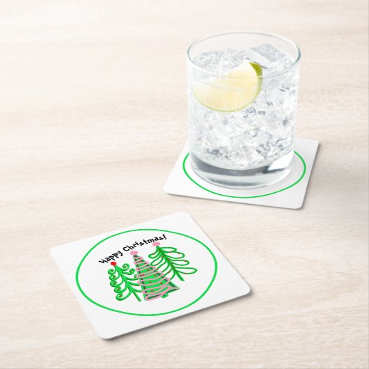 グリーンピンクのクリスマスツリー スクエアペーパーコースター (インサイチュ)
