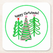 グリーンピンクのクリスマスツリー スクエアペーパーコースター (正面)