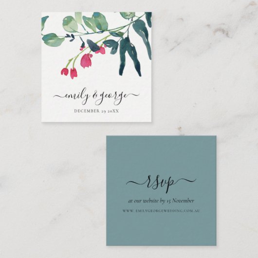 グリーンピンクのユーカリの葉の結婚ウェブサイトRSVP スクエア名刺 (正面/裏面)