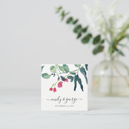 グリーンピンクのユーカリの葉の結婚ウェブサイトRSVP スクエア名刺 (スタンド正面)