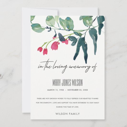 グリーンピンクのユーカリ葉悔やみや弔慰記念物 サンキューカード (正面)