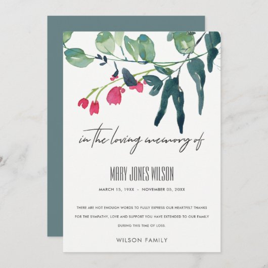 グリーンピンクのユーカリ葉悔やみや弔慰記念物 サンキューカード (正面/裏面)