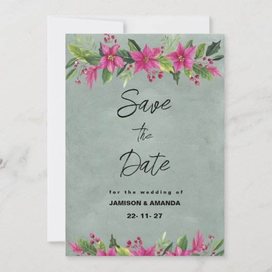 グリーンピンクの冬のフローラクリスマスセーブ・ザ・デート 招待状 (正面)