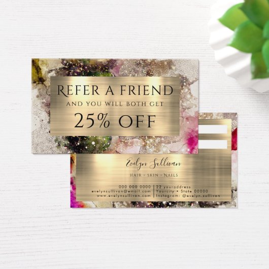 グリーンピンクの水彩及びゴールドフォイル紹介カード (デスク)