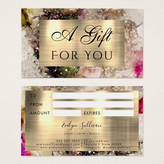 グリーンピンクの水彩及び金箔ギフトカード (正面&裏面)