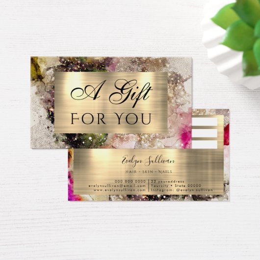 グリーンピンクの水彩及び金箔ギフトカード (デスク)