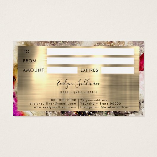 グリーンピンクの水彩及び金箔ギフトカード (裏面)