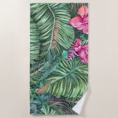 グリーンピンクの葉柄パターンカスタマイズサマー ビーチ ビーチタオル (正面)