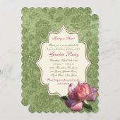 グリーンピンクアイボリーバラダマスクガーデンパーティー招待状 招待状 (正面/裏面)