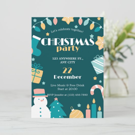 グリーンピンクイエロークおもしろいリスマスパーティの招待状 招待状 (スタンド正面)