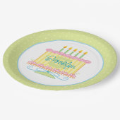 グリーンピンクイエロー5お誕生日ケーキ名 ペーパープレート (アングル)