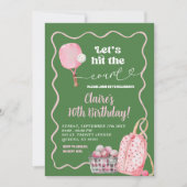 グリーンピンクウェーブレトロピックボール誕生日 招待状 (正面)