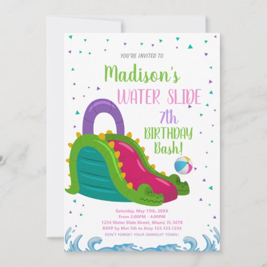 グリーンピンクウォータースライド誕生日招待状 招待状 (正面)