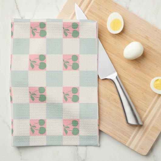グリーンピンクエステティック市松模様にさくらんぼY2Kパターン キッチンタオル (四つ折り)