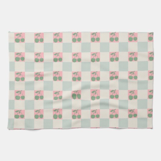 グリーンピンクエステティック市松模様にさくらんぼY2Kパターン キッチンタオル (横)
