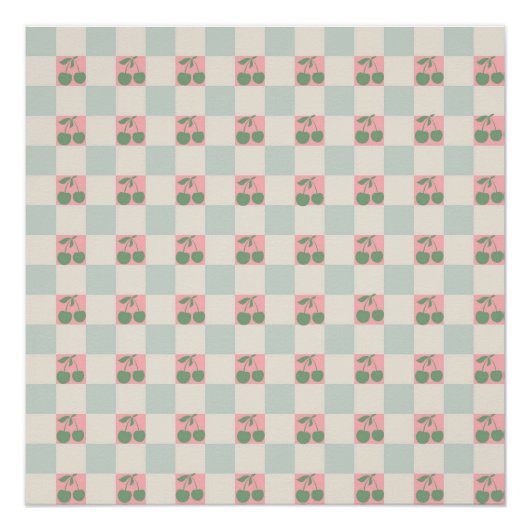 グリーンピンクエステティック市松模様にさくらんぼY2Kパターン ポスター (正面)
