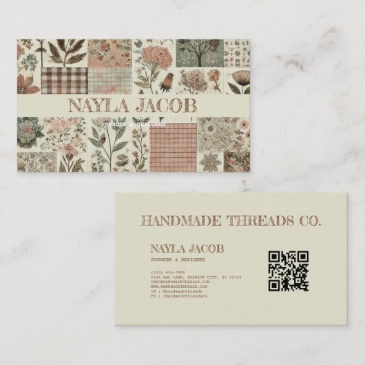 グリーンピンクキルトとパッチワーク手作り服 名刺 (正面/裏面)