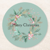 グリーンピンククリスマスリース ラウンドペーパーコースター (正面)