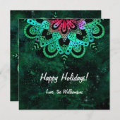 グリーンピンクコズミックマンダラクリスマスホリデーカード (正面/裏面)
