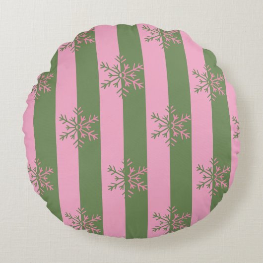 グリーンピンクストライプ色のスノーフレーククリスマスラウンドピロー ラウンドクッション (正面)