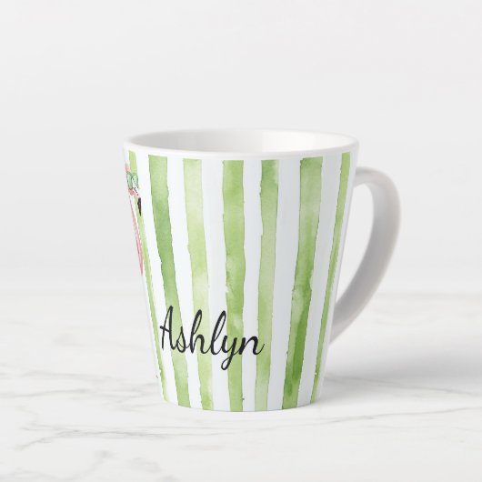 グリーンピンクストライプ色フラミンゴ誕生日 カフェラテマグ (右アングル)