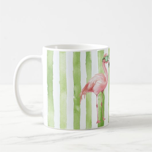 グリーンピンクストライプ色フラミンゴ誕生日 コーヒーマグカップ (左)