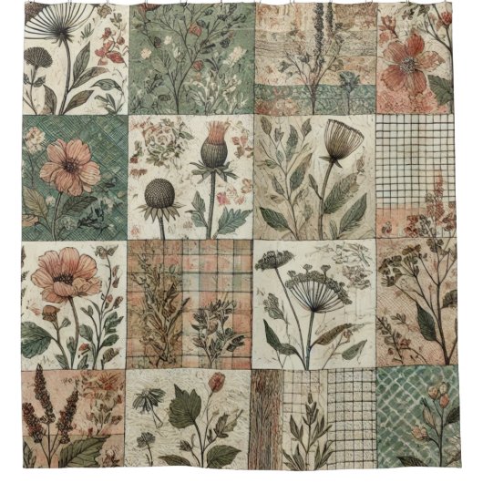 グリーンピンクパッチワークラスティックレトロフラワーファームハウス シャワーカーテン (正面)