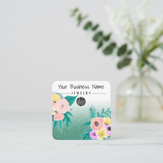 グリーンピンクフローラグリッターロゴイヤリングディスプレイ スクエア名刺 (スタンド正面)