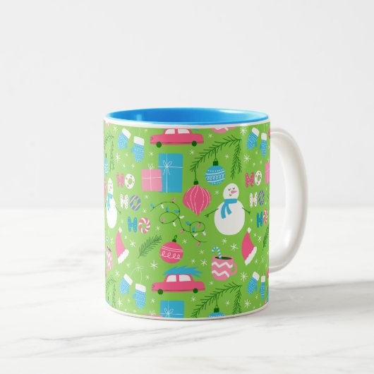 グリーンピンクブルー雪だるまオーナメントクリスマス ツートーンマグカップ (正面右)