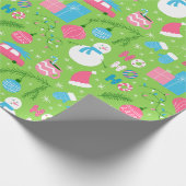 グリーンピンクブルー雪だるまオーナメントクリスマス ラッピングペーパー (角)