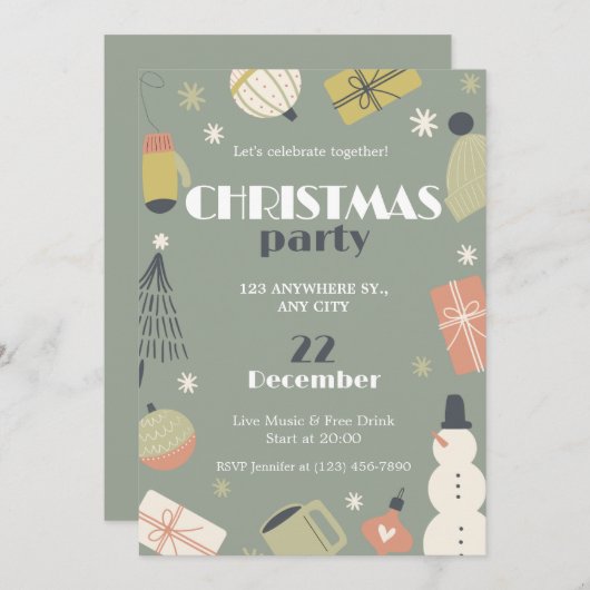 グリーンピンクホワイトかわいいシンプルクリスマスパーティー 招待状 (正面/裏面)