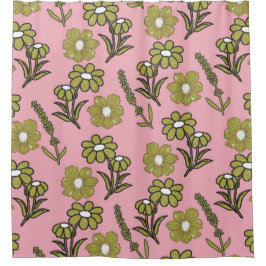 グリーンピンクレトロY2Kヒッピーファンキーフラワーパターン シャワーカーテン