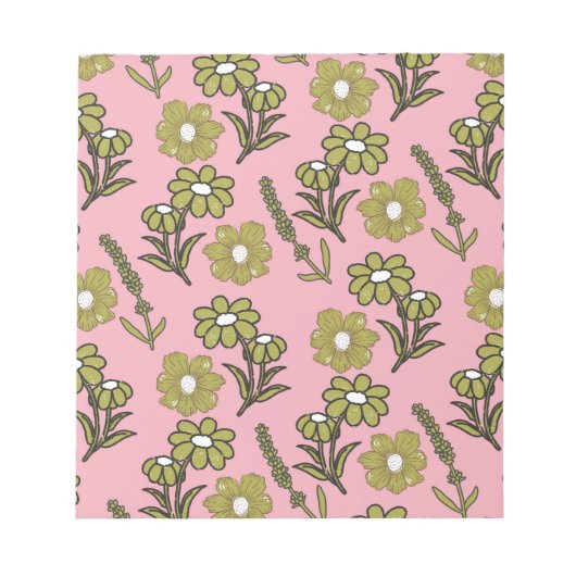 グリーンピンクレトロY2Kヒッピーファンキーフラワーパターン ノートパッド (正面)