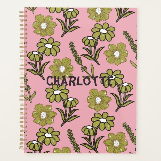 グリーンピンクレトロY2Kヒッピーファンキーフラワーパターン プランナー手帳 (正面)