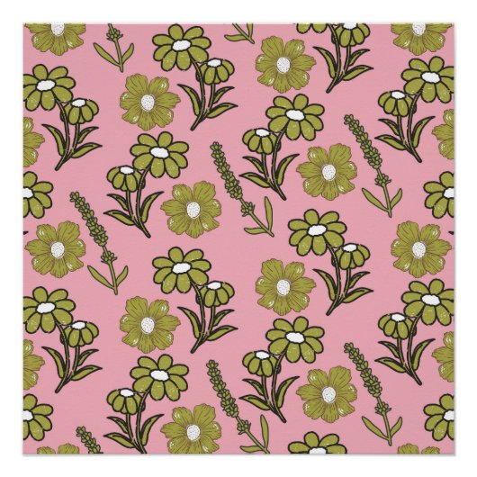 グリーンピンクレトロY2Kヒッピーファンキーフラワーパターン ポスター (正面)