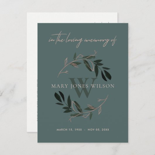 グリーンピンク動物リース悔やみや弔慰メモリアルサービス インビテーションポストカード (正面/裏面)