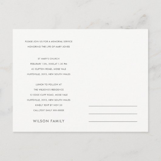 グリーンピンク動物リース悔やみや弔慰メモリアルサービス インビテーションポストカード (裏面)