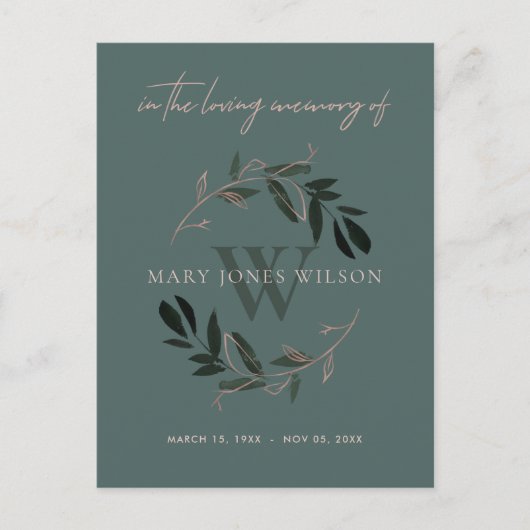 グリーンピンク動物リース悔やみや弔慰メモリアルサービス インビテーションポストカード (正面)