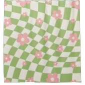 グリーンピンク市松模様にフローラ シャワーカーテン (正面)