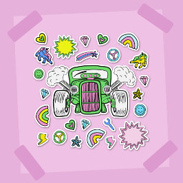 グリーンピンク改造カーとユニコーンのステッカーシート シール