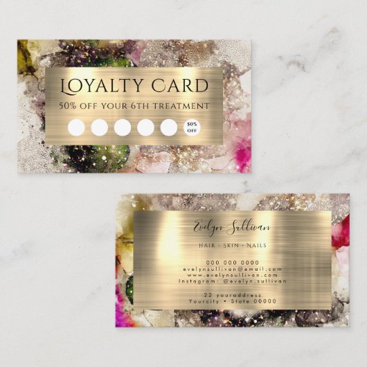 グリーンピンク水彩及びゴールドフォイルロイヤリティカード 名刺 (正面/裏面)