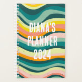 グリーンピンク波ストライプのカラフルはっきりしたカスタム プランナー手帳 (正面)