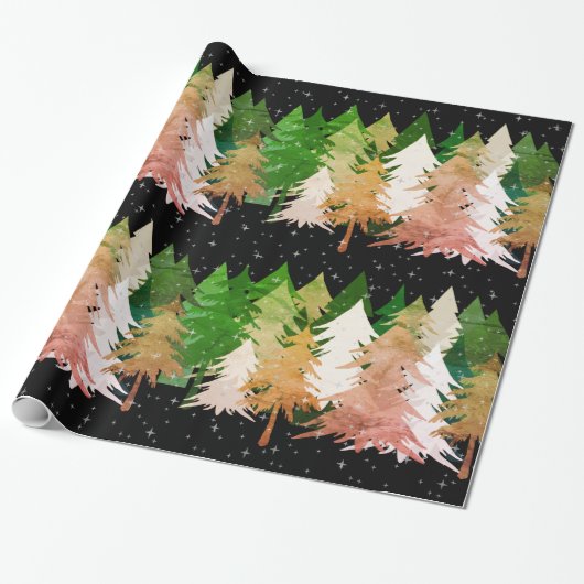 グリーンピンク白いクリスマスツリーズスターズスノーブラック ラッピングペーパー (アンロールド)