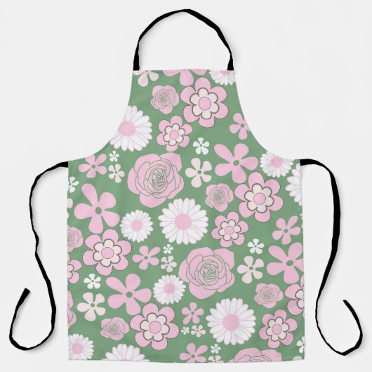 グリーンピンク白レトロY2K 70s花柄 エプロン (正面)