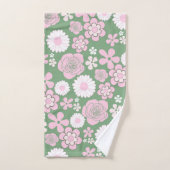 グリーンピンク白レトロY2K 70s花柄 バスタオルセット (ハンドタオル)