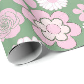 グリーンピンク白レトロY2K 70s花柄 ラッピングペーパー (ロールコーナー)