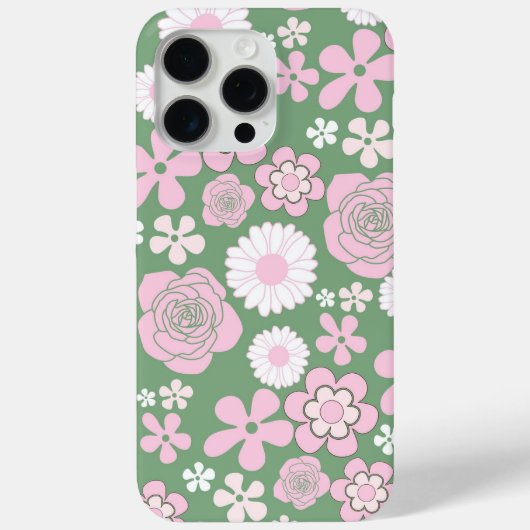 グリーンピンク白レトロY2K 70s花柄 Case-Mate iPhoneケース (裏面)