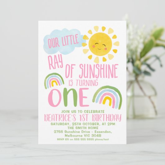 グリーンピンク私たちの小さな光の太陽の光1番目の誕生日 招待状 (スタンド正面)