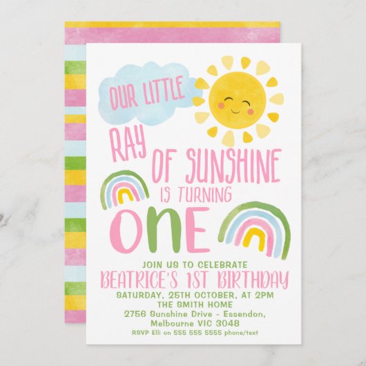 グリーンピンク私たちの小さな光の太陽の光1番目の誕生日 招待状 (正面/裏面)