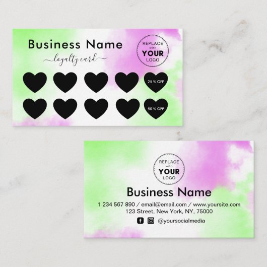 グリーンピンク絞り染め追加ロゴ割引ミニマルガーリー ロイヤリティカード (正面/裏面)